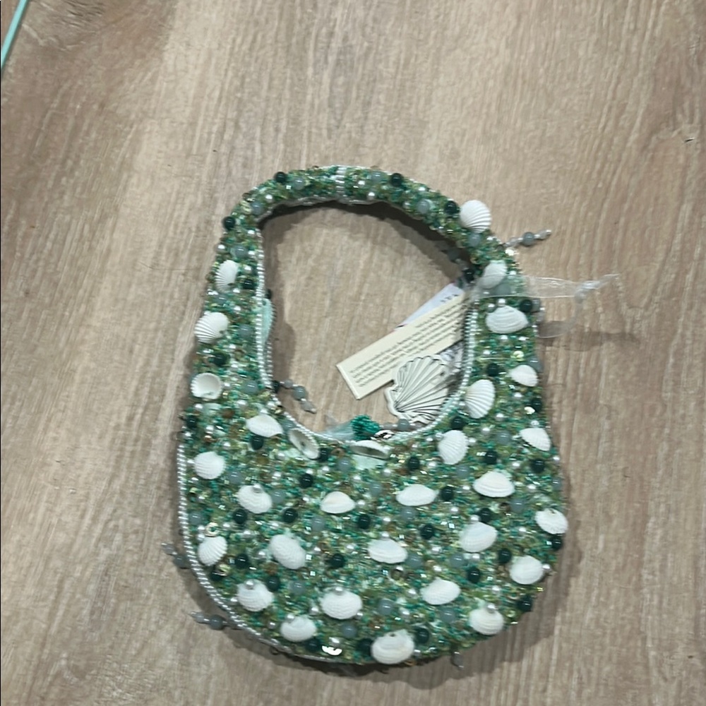 Green and White Beaded Handbag